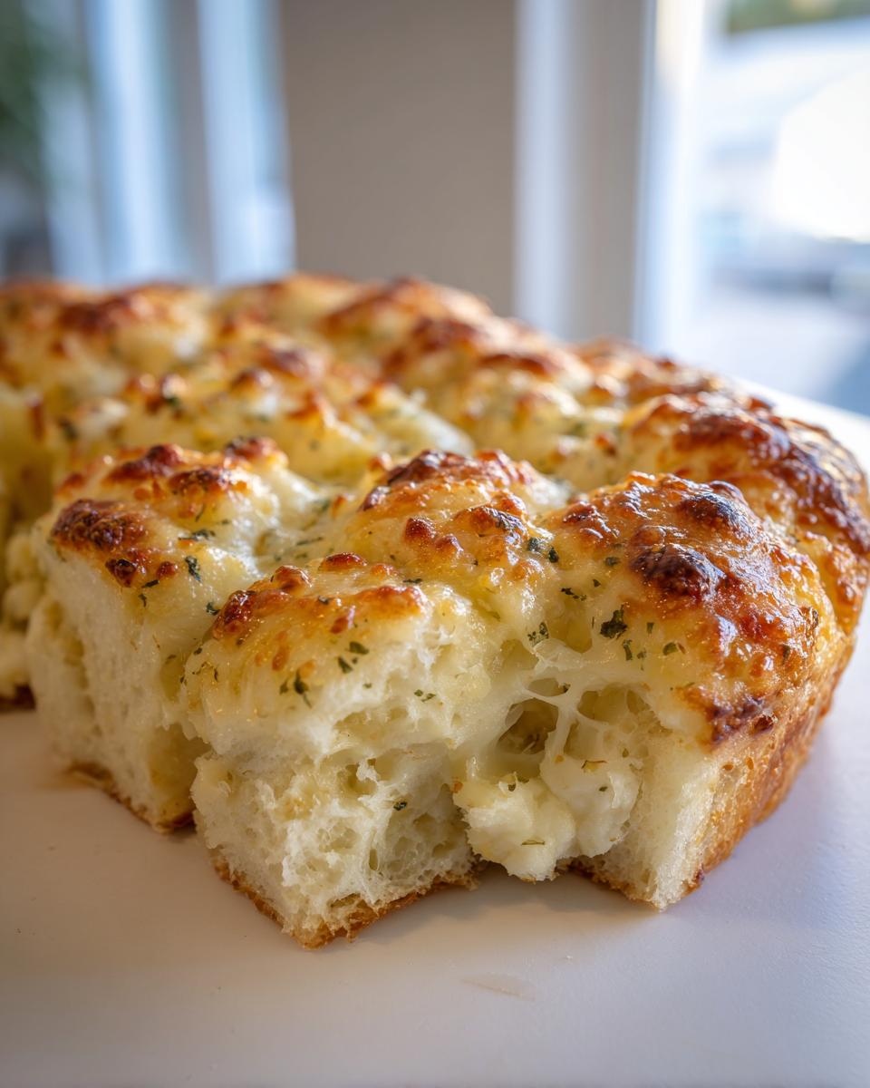 Close-up of cheesy Hawaiian roll garlic bread showing melted cheese and soft interior.