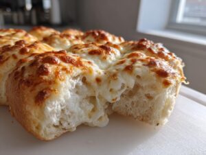 Close-up of cheesy Hawaiian roll garlic bread with melted, browned cheese pulled apart to show soft interior.
