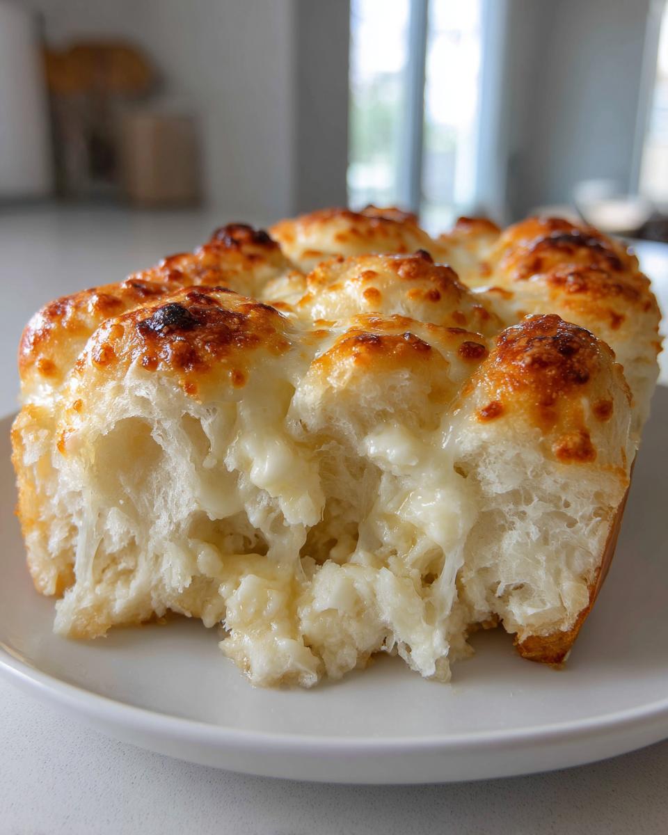 Close-up of cheesy, pull-apart Hawaiian roll garlic bread with a golden-brown, melted topping.