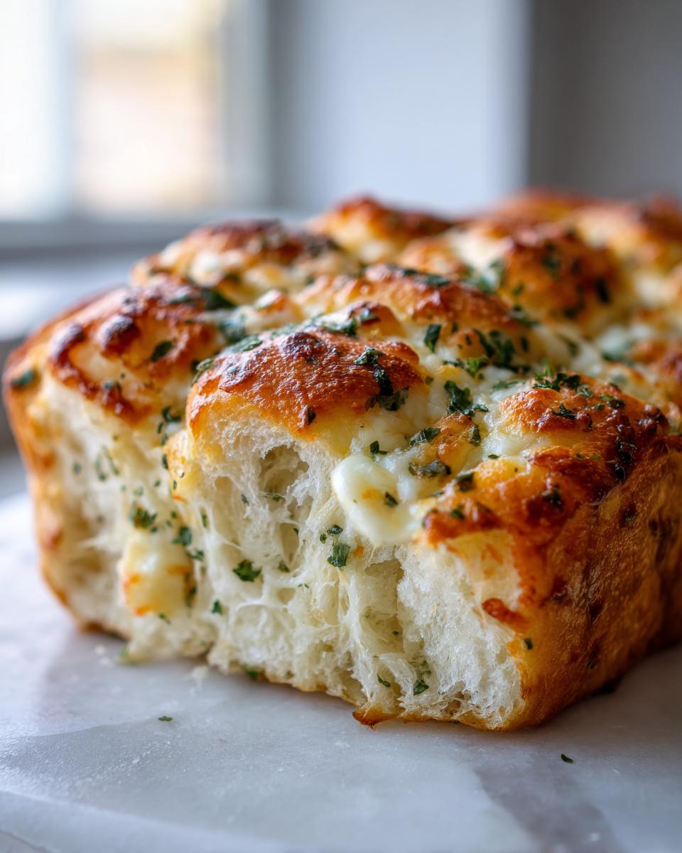 Close-up view of soft, pull-apart Hawaiian roll garlic bread topped with melted cheese and parsley.