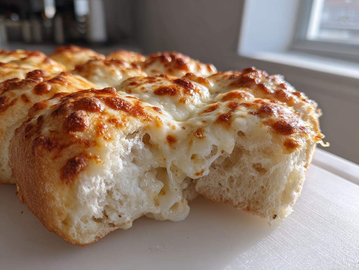 Close-up of cheesy Hawaiian roll garlic bread with melted, browned cheese pulled apart to show soft interior.