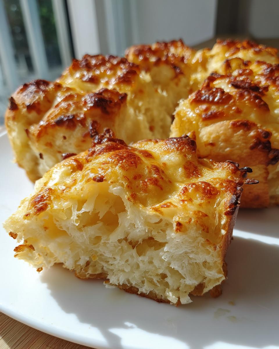 A close-up of a fluffy, cheesy slice of hawaiian roll garlic bread showing the soft interior and golden-brown topping.
