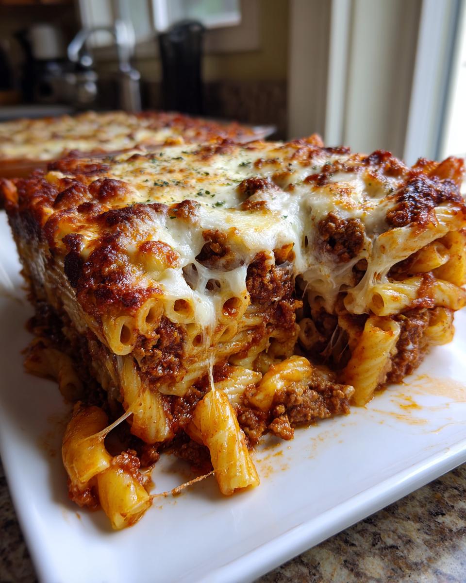 A thick, cheesy slice of baked pasta bake with meat sauce, showing melted cheese strings.