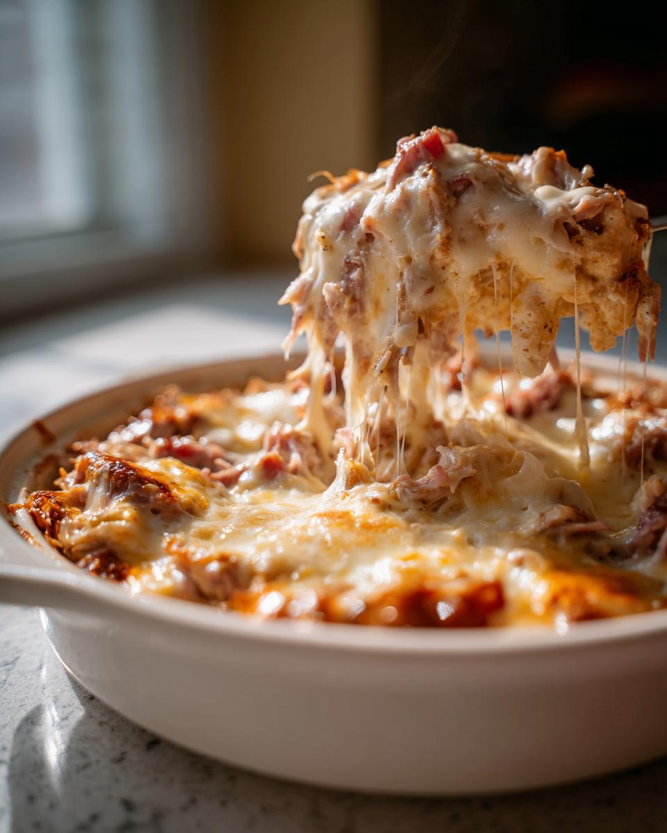 A spoonful of hot, cheesy Reuben dip is lifted from a white baking dish, showing long cheese pulls.