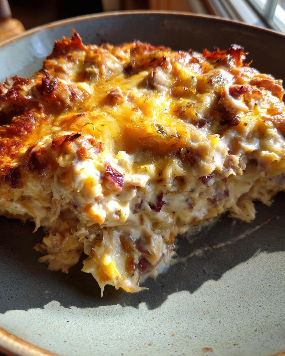 A close-up view of a serving of hot, cheesy Reuben dip with visible corned beef and sauerkraut chunks.