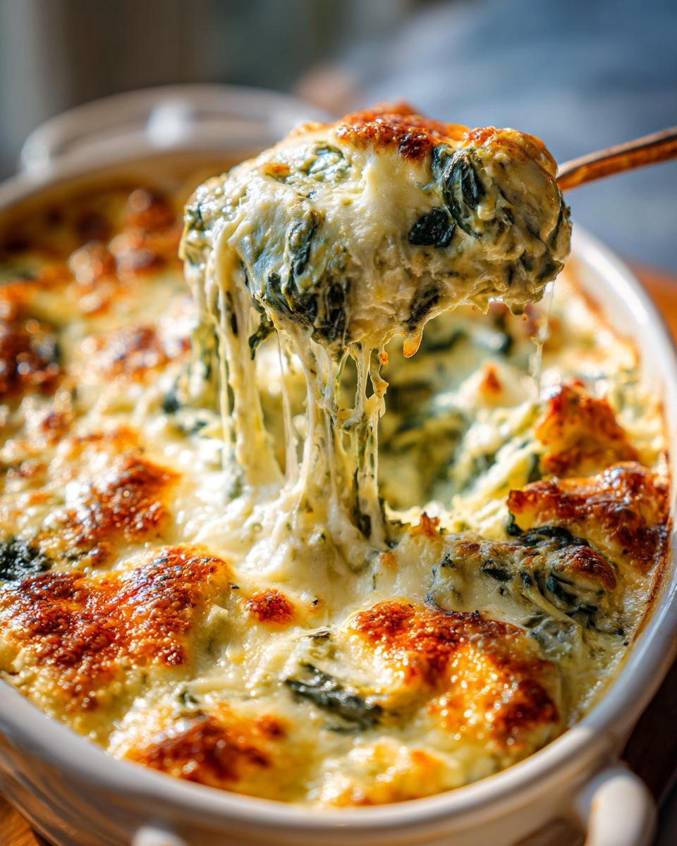 A spoonful of hot, cheesy spinach artichoke dip is lifted, showing long cheese pulls from the baking dish.