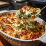 A spoonful of hot, cheesy spinach artichoke dip showing long cheese pulls from a white baking dish.