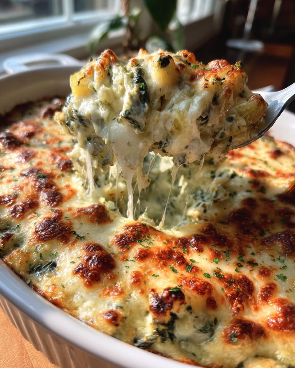 A spoonful of hot, cheesy spinach artichoke dip showing extreme cheese pull from the baking dish.