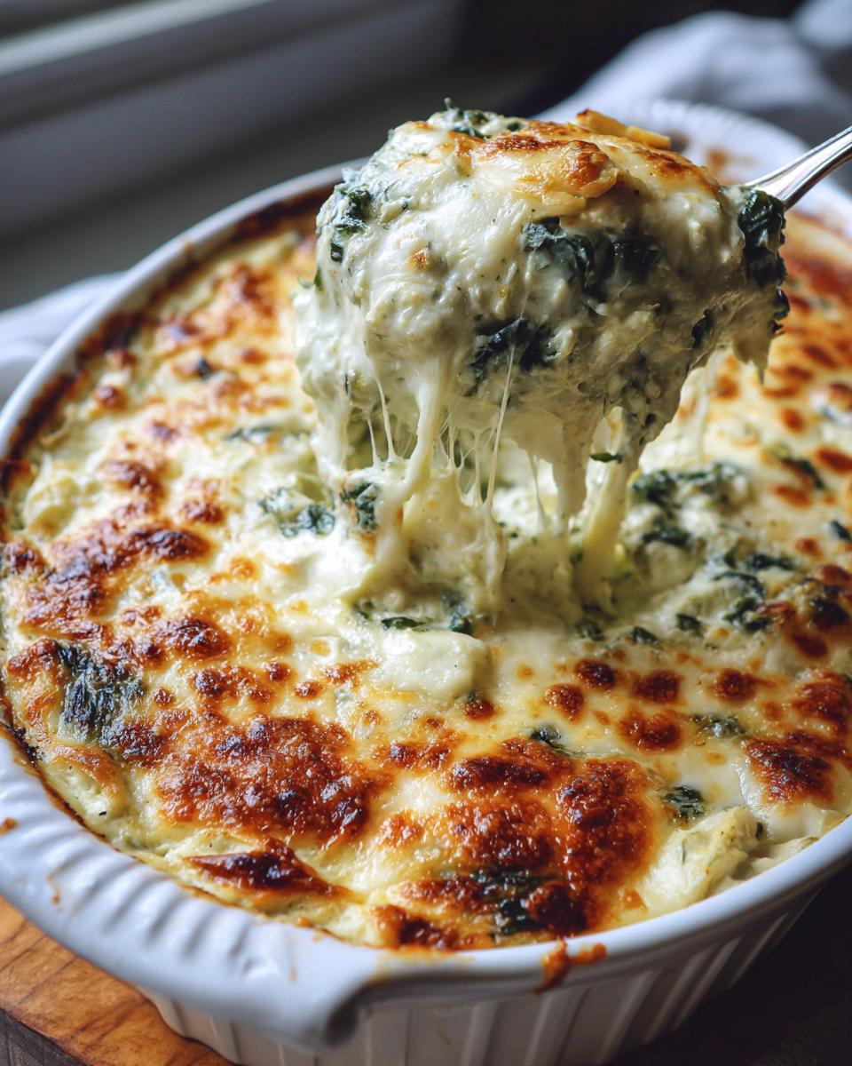 A spoonful of hot, cheesy spinach artichoke dip being lifted from a baking dish, showing long cheese strings.