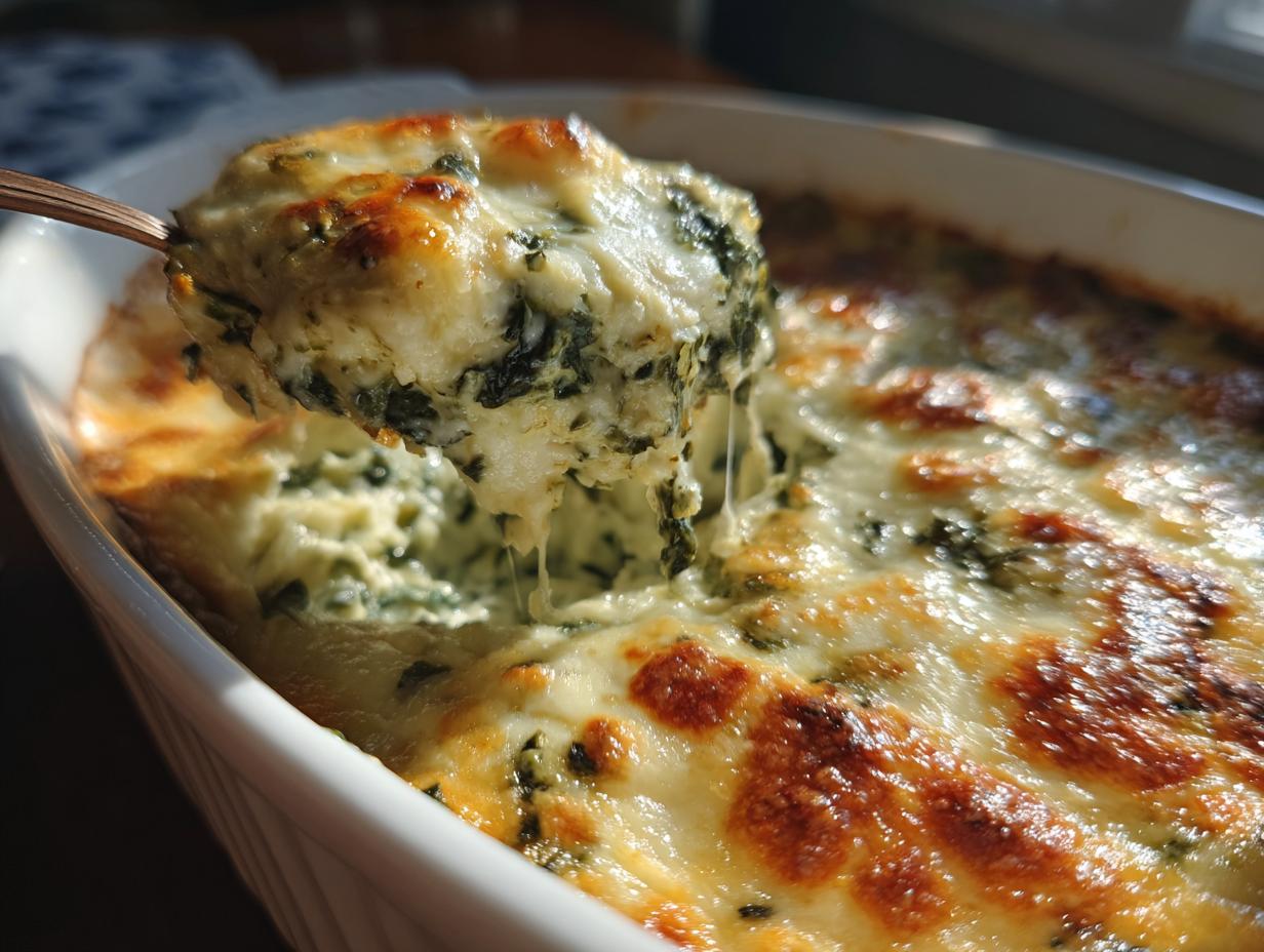 A spoonful of hot, cheesy spinach artichoke dip being lifted from a white baking dish, showing cheese pull.