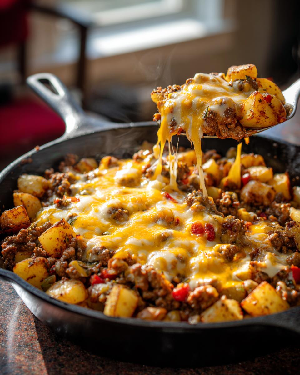 A spoonful of steaming Cheesy Taco Potatoes lifted from a cast iron skillet, showing melted, stringy cheese.