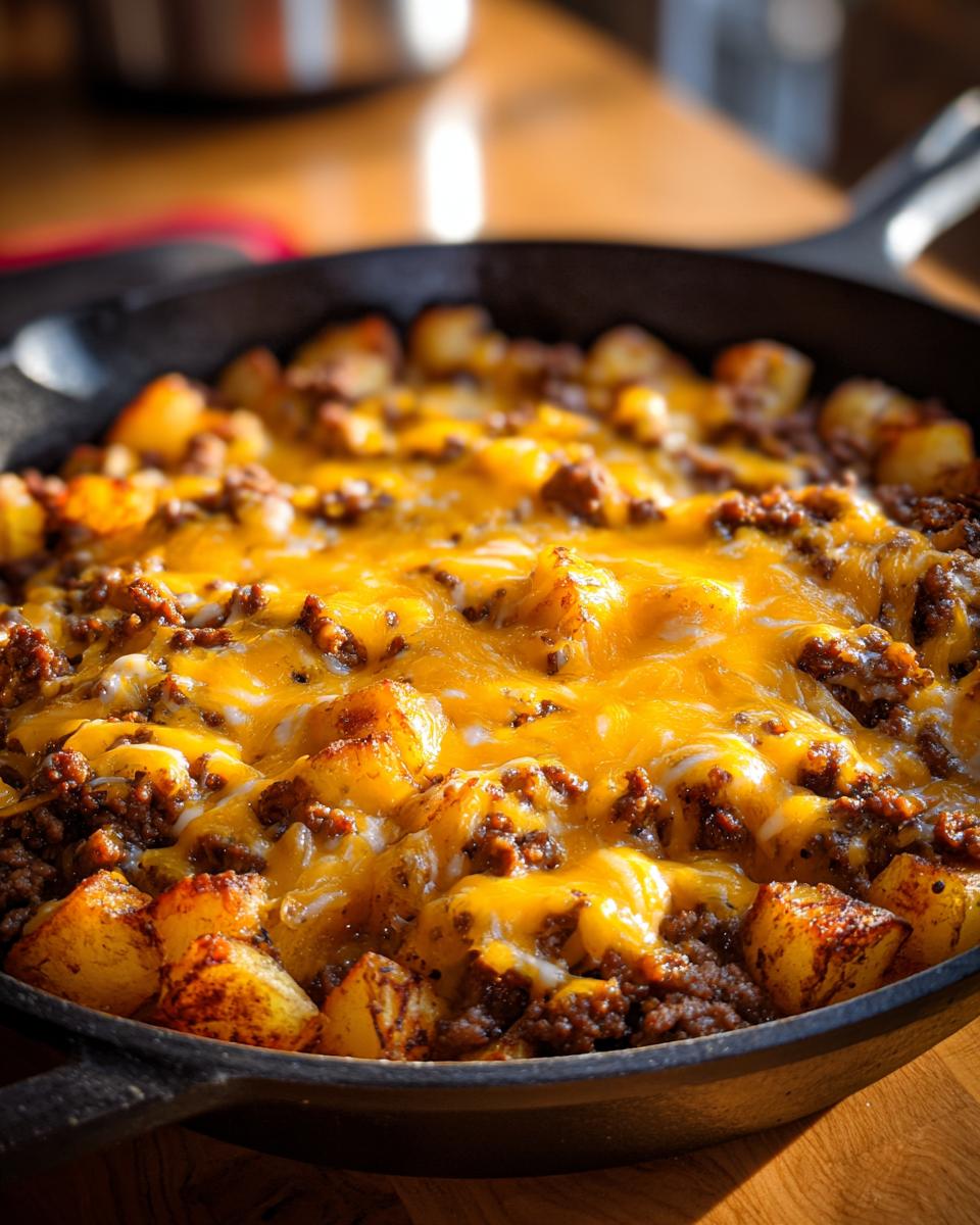 Close-up of Cheesy Taco Potatoes with browned ground meat and melted cheddar cheese in a cast iron skillet.