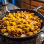 Close-up of Cheesy Taco Potatoes cooked in a cast iron skillet, topped with melted cheddar cheese over seasoned ground beef and roasted potatoes.