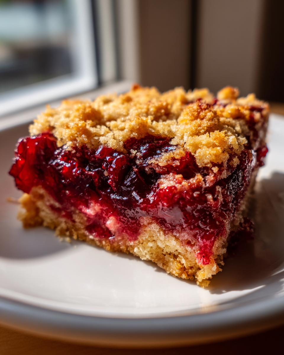 A close-up of a square slice of cherry dump cake showing a thick, gooey cherry filling and a crumbly golden topping.