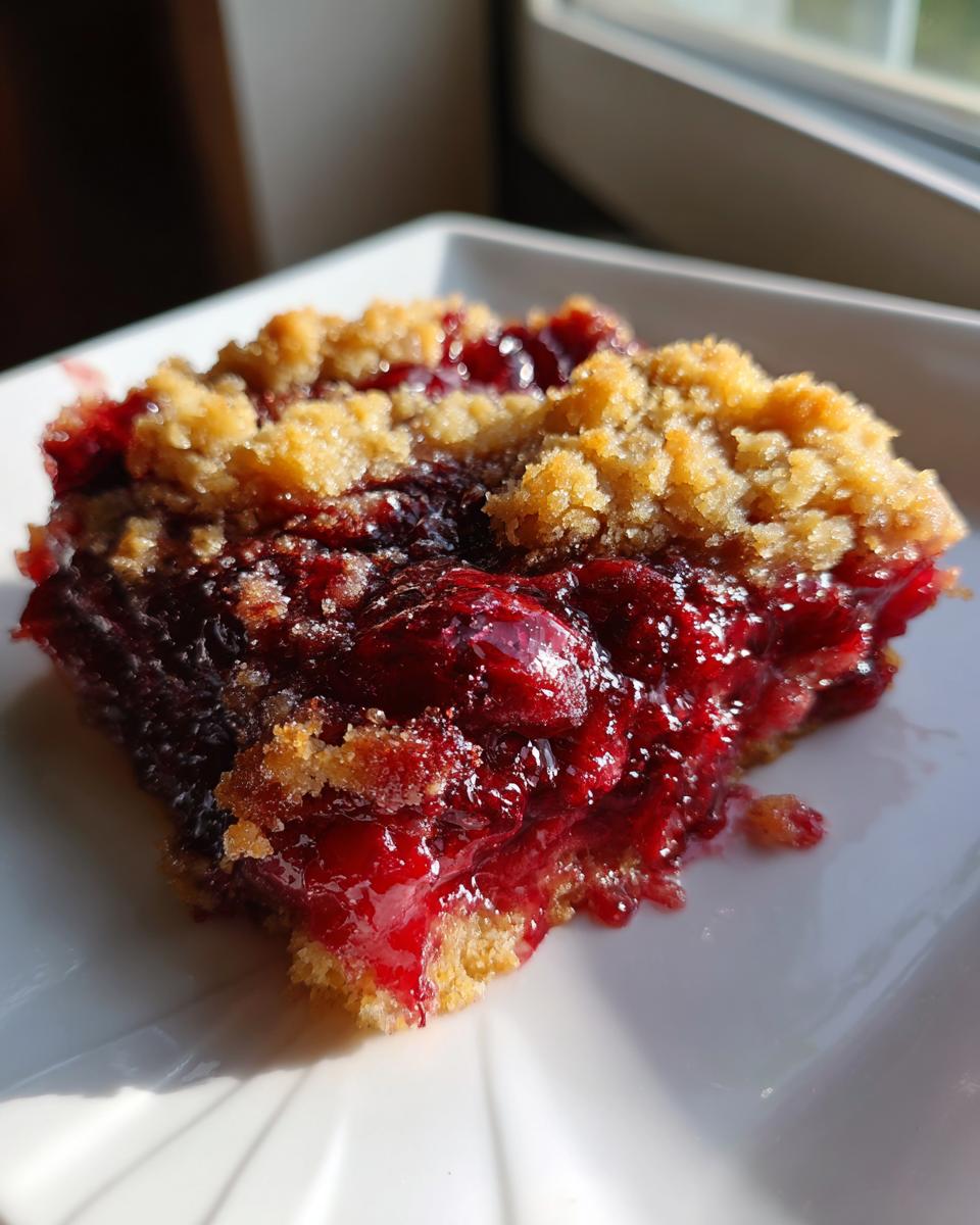 Close-up of a gooey slice of cherry dump cake with a crumbly topping on a white plate.