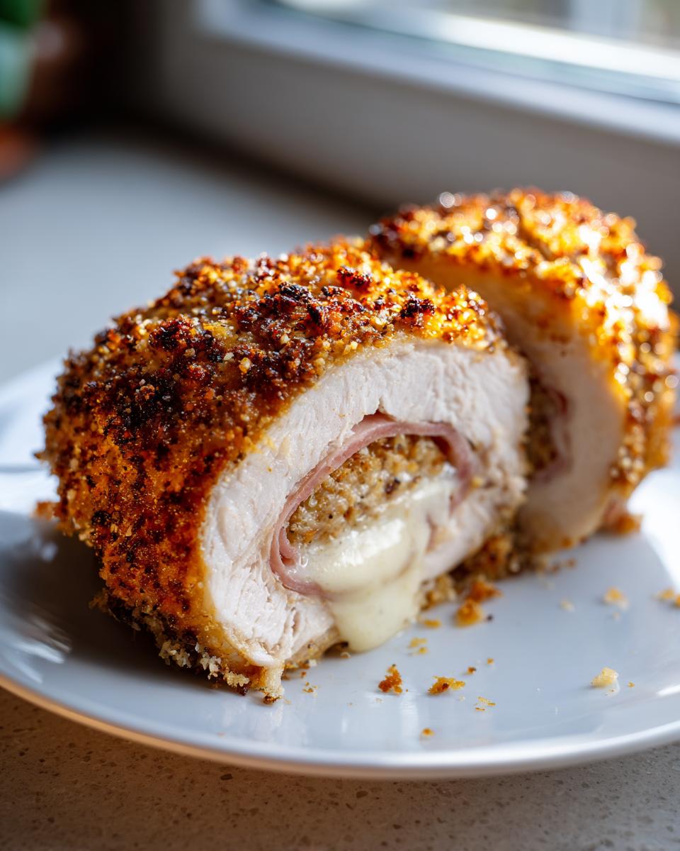A close-up of two halves of a perfectly cooked chicken cordon bleu showing melted cheese oozing out, ham, and a crispy breading.