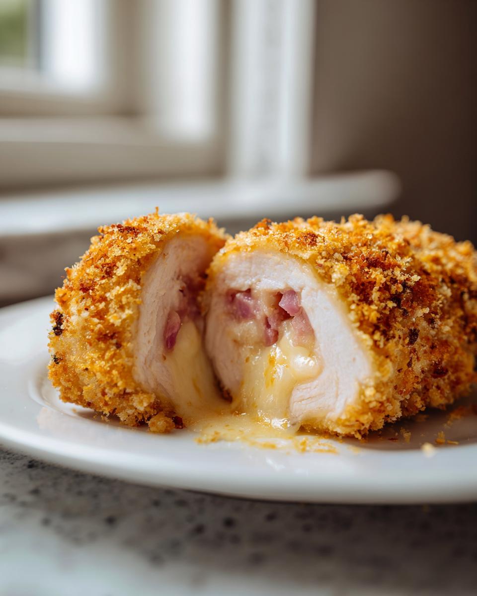 A cross-section of a perfectly cooked chicken cordon bleu showing melted cheese oozing out alongside ham.