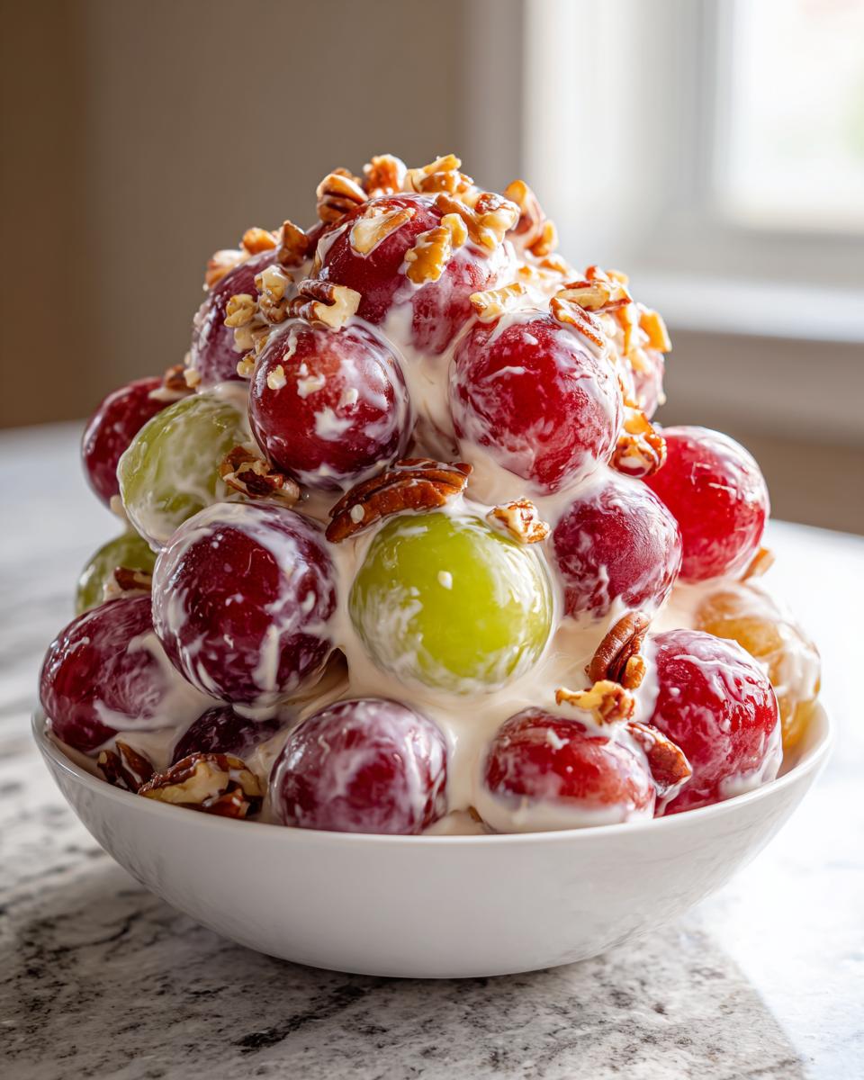 A mound of red and green grapes coated in creamy dressing and topped with chopped pecans, resembling chicken salad chick grape salad.