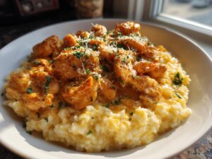 Close-up of creamy garlic parmesan rice topped with saucy chicken scampi, garnished with parsley and cheese.