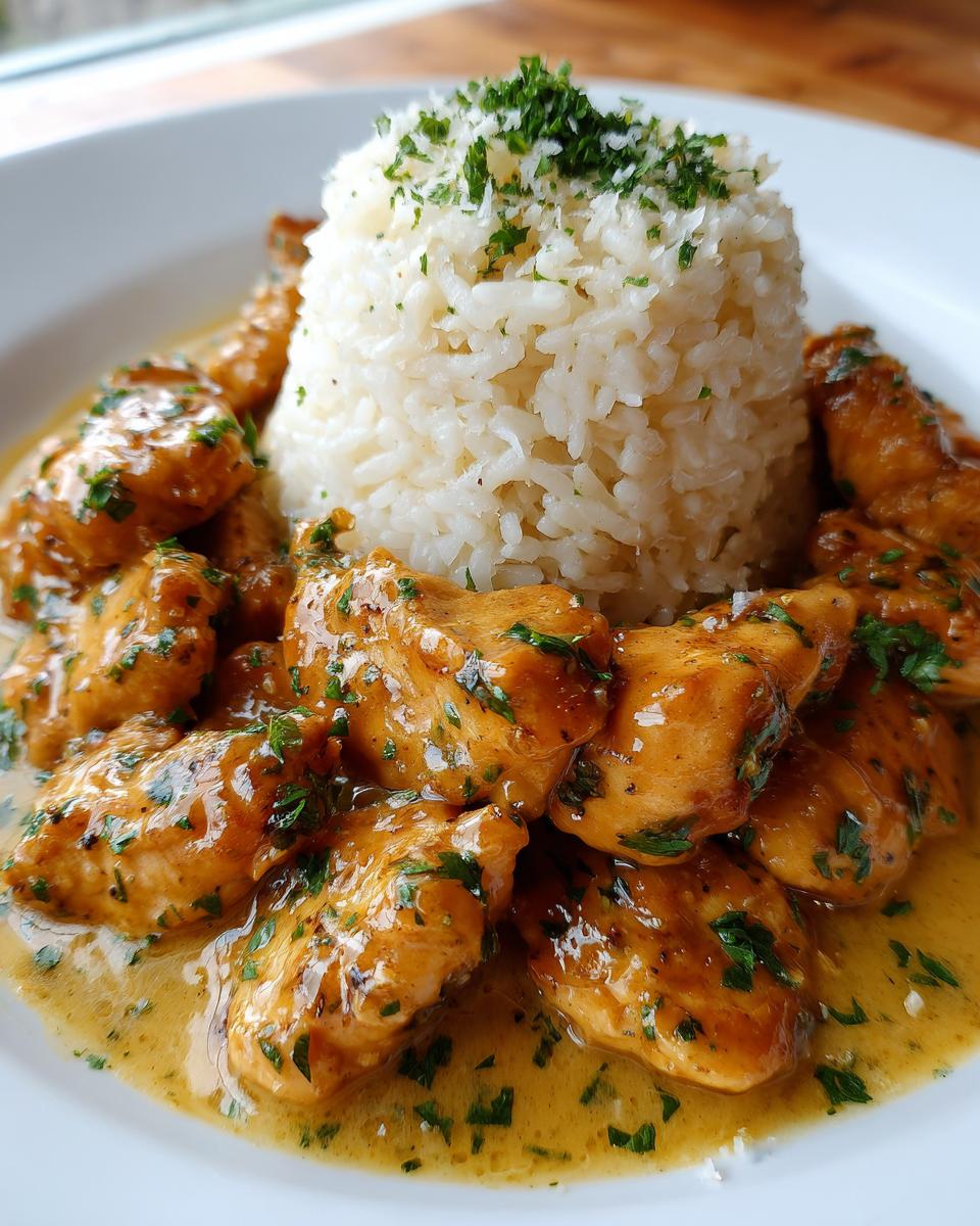 Close-up of juicy chicken scampi pieces in a creamy sauce served next to a mound of garlic parmesan rice.