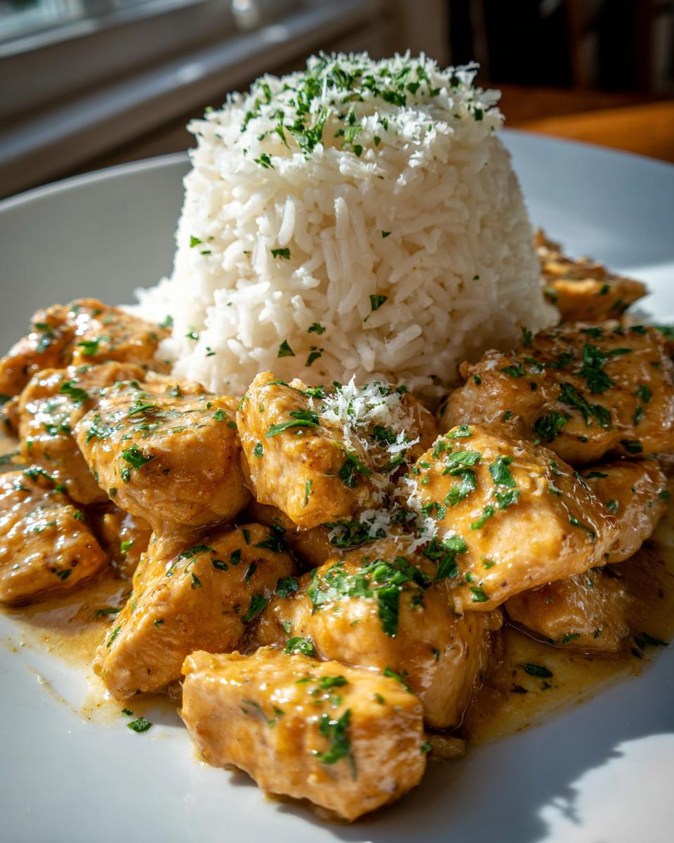 Close-up of chicken scampi with garlic parmesan rice, garnished with parsley and cheese.