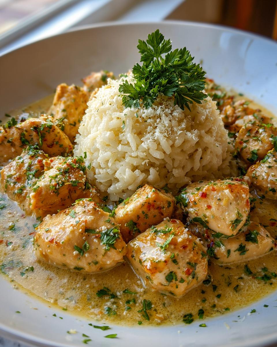 A bowl of chicken scampi with garlic parmesan rice, topped with fresh parsley and grated cheese.