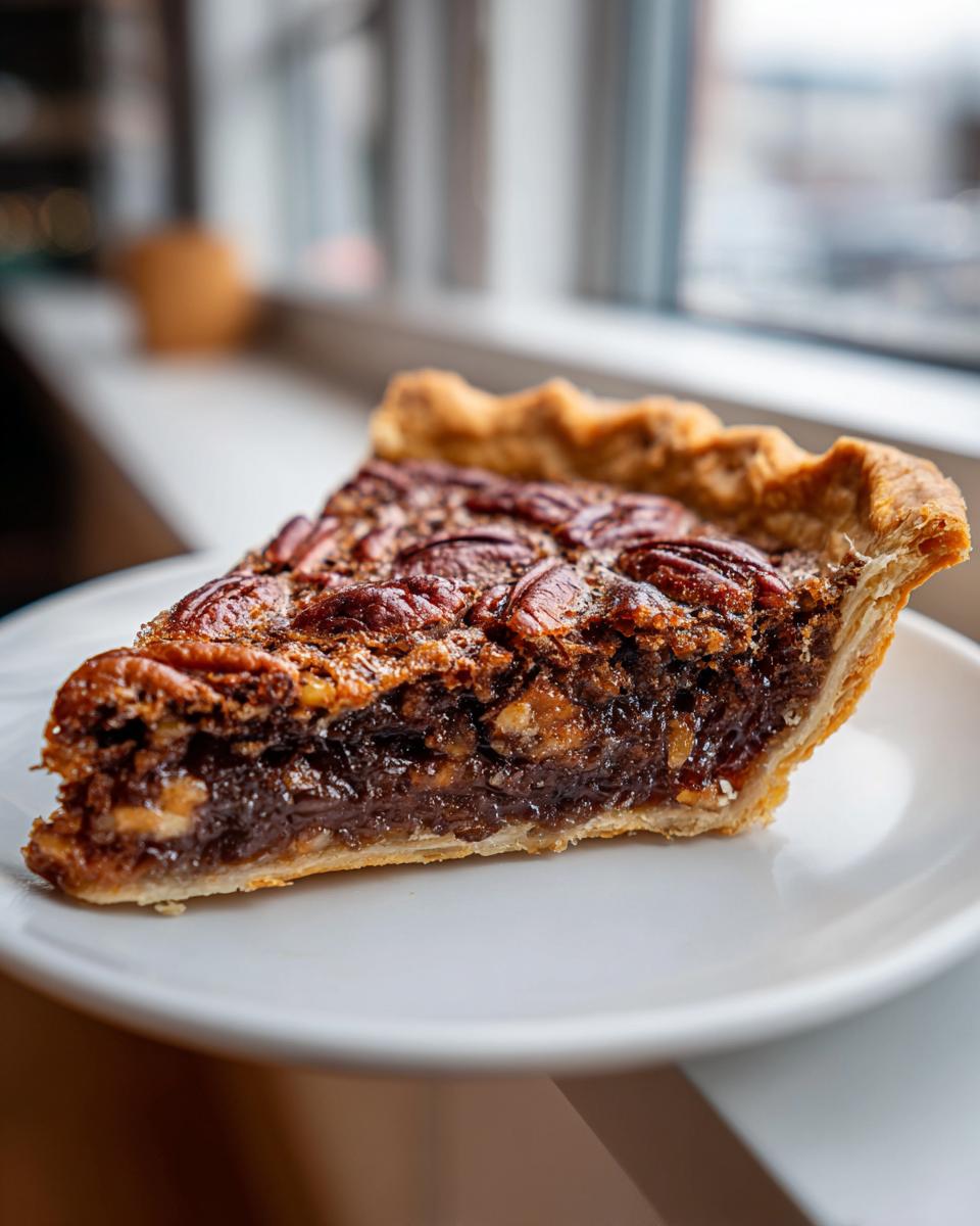 A close-up of a rich slice of chocolate bourbon pecan pie on a white plate, showing the gooey filling and pecans.