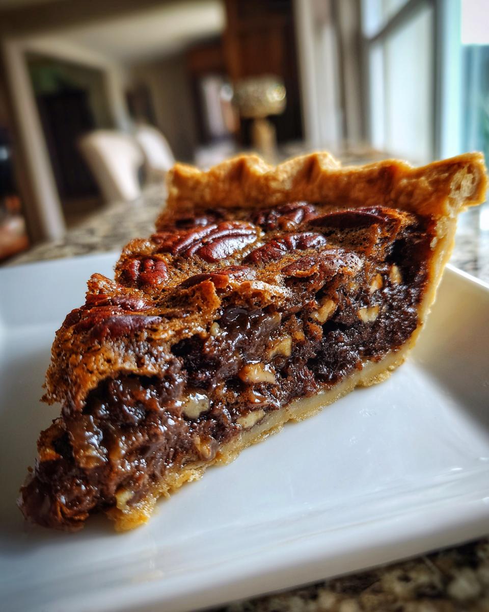 A close-up of a rich slice of chocolate bourbon pecan pie showing the gooey filling and pecan topping on a white plate.