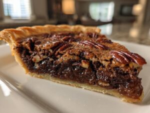A close-up slice of rich chocolate bourbon pecan pie showing the gooey filling and whole pecans on top.