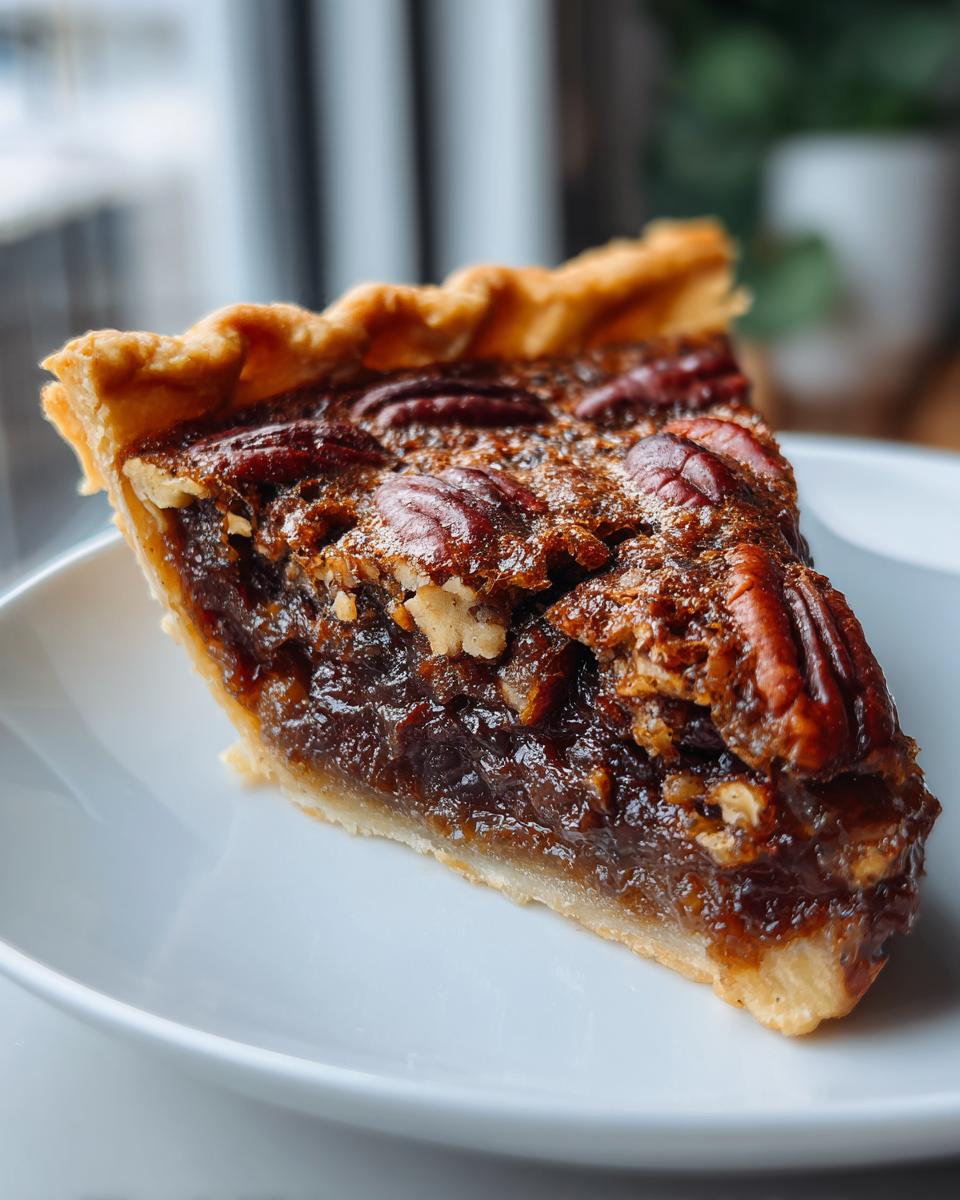 Close-up of a rich slice of chocolate bourbon pecan pie showing the gooey filling and whole pecans on a white plate.
