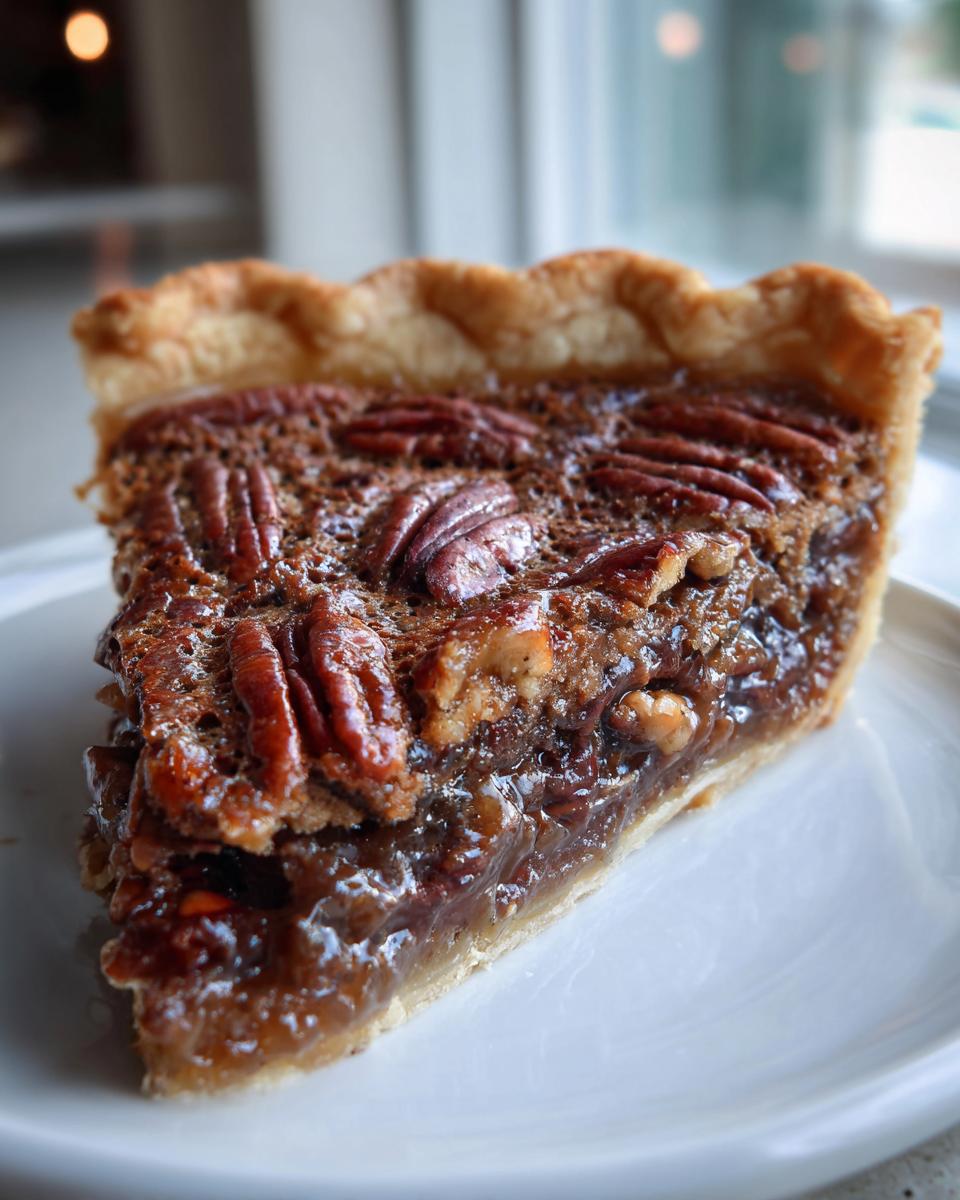 A close-up slice of rich chocolate bourbon pecan pie showing the gooey filling and whole pecans on top.