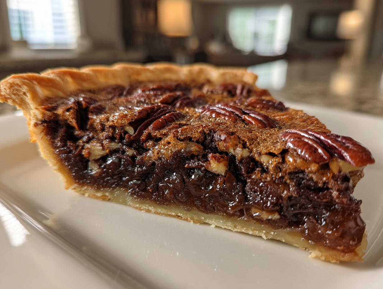 A close-up slice of rich chocolate bourbon pecan pie showing the gooey filling and whole pecans on top.