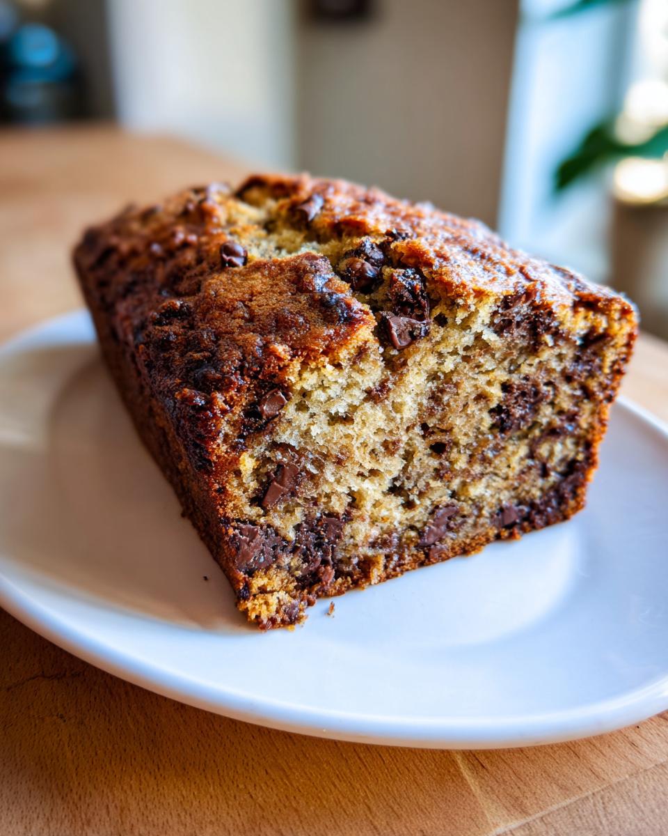 A close-up of a freshly baked chocolate chip banana bread recipe loaf resting on a white plate.