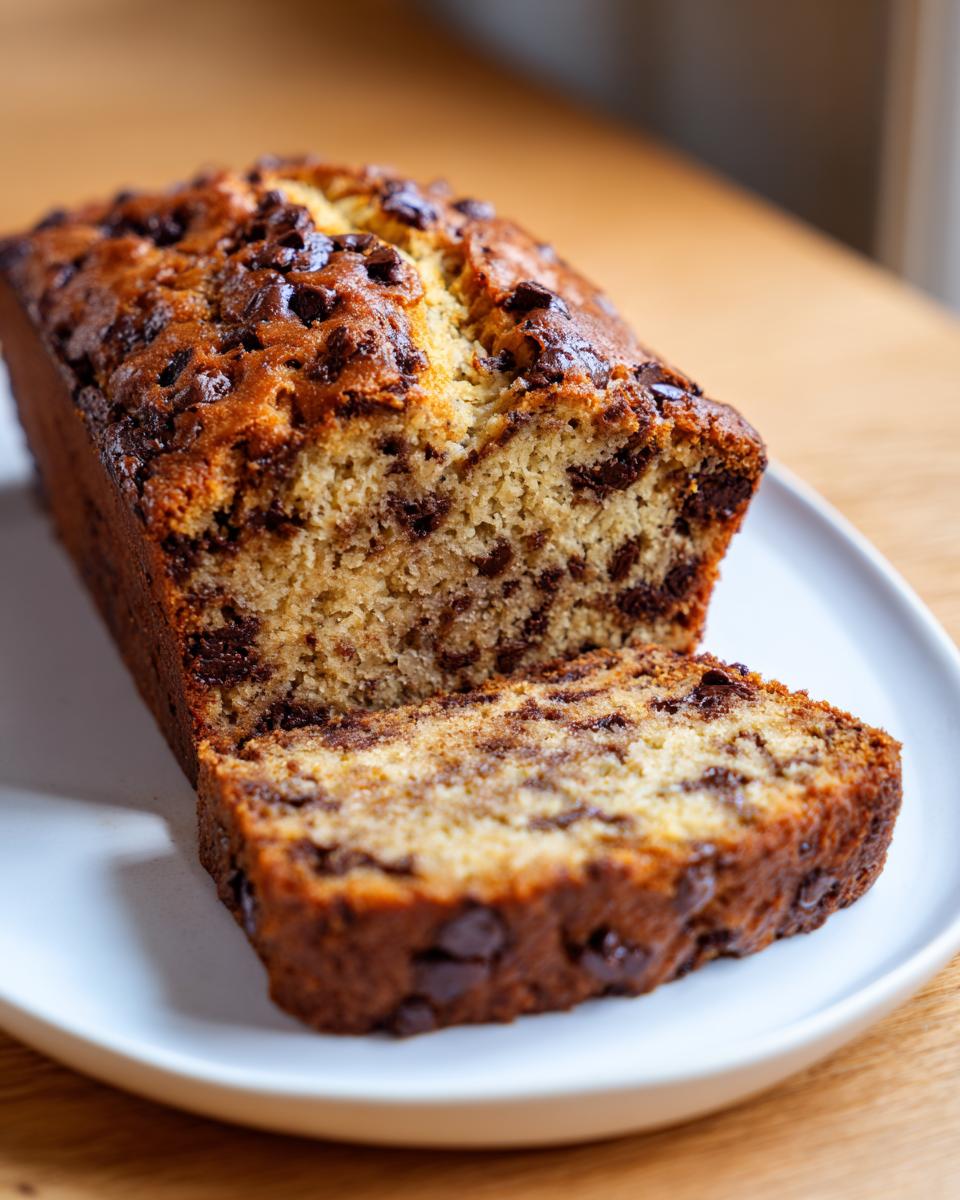 A freshly baked chocolate chip banana bread recipe loaf, with one slice cut and resting against the main loaf on a white plate.