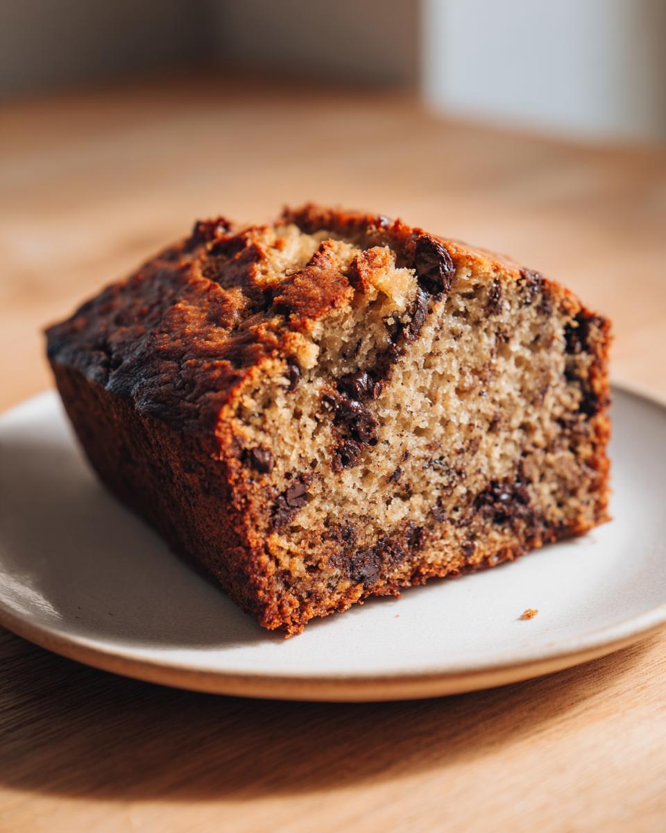 A moist slice of chocolate chip banana bread recipe, showing a dark, caramelized crust and soft interior.