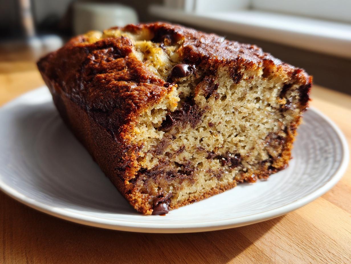A close-up shot of a freshly baked slice of chocolate chip banana bread recipe on a white plate.