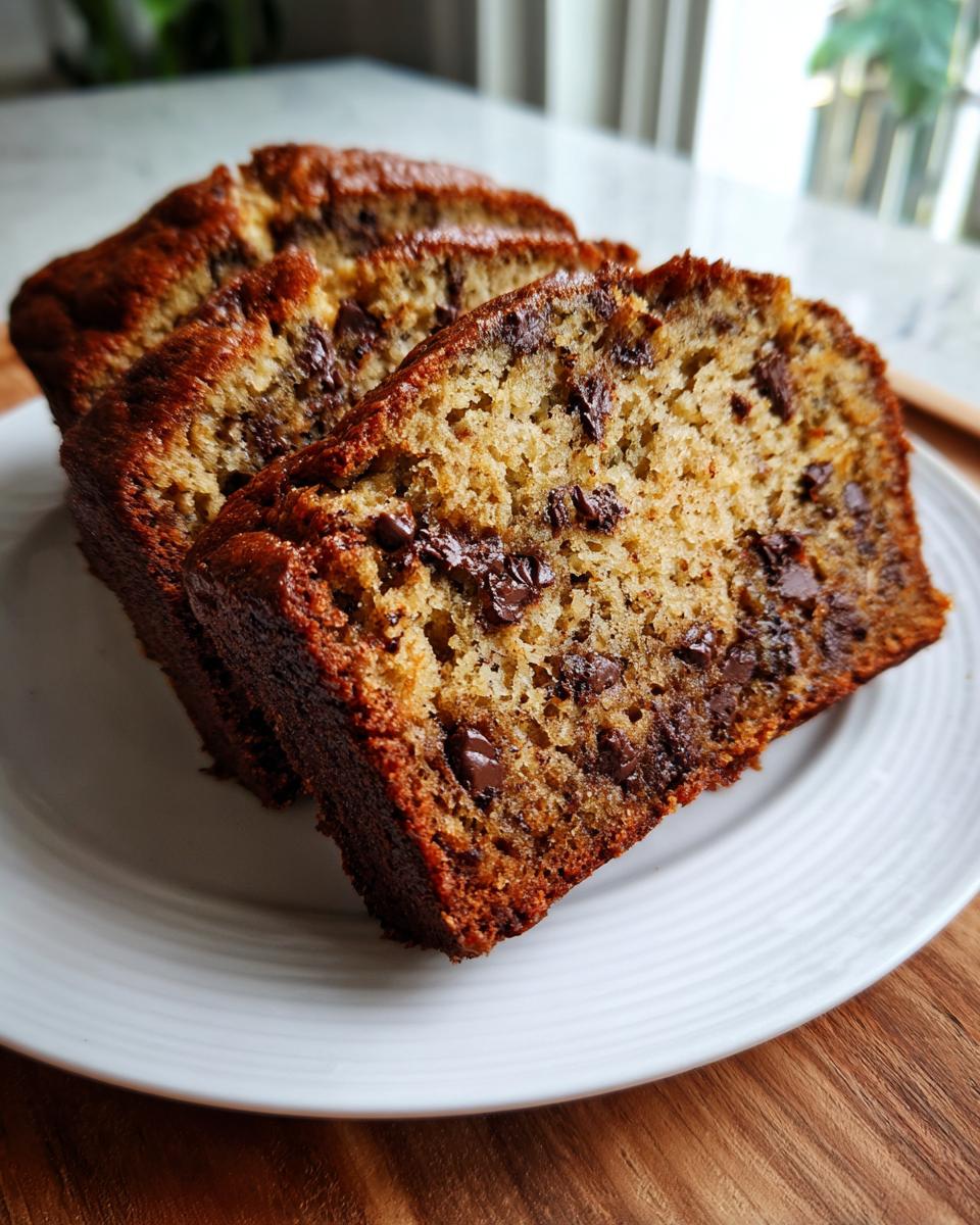 Close-up of three thick slices of moist chocolate chip banana bread recipe on a white plate.
