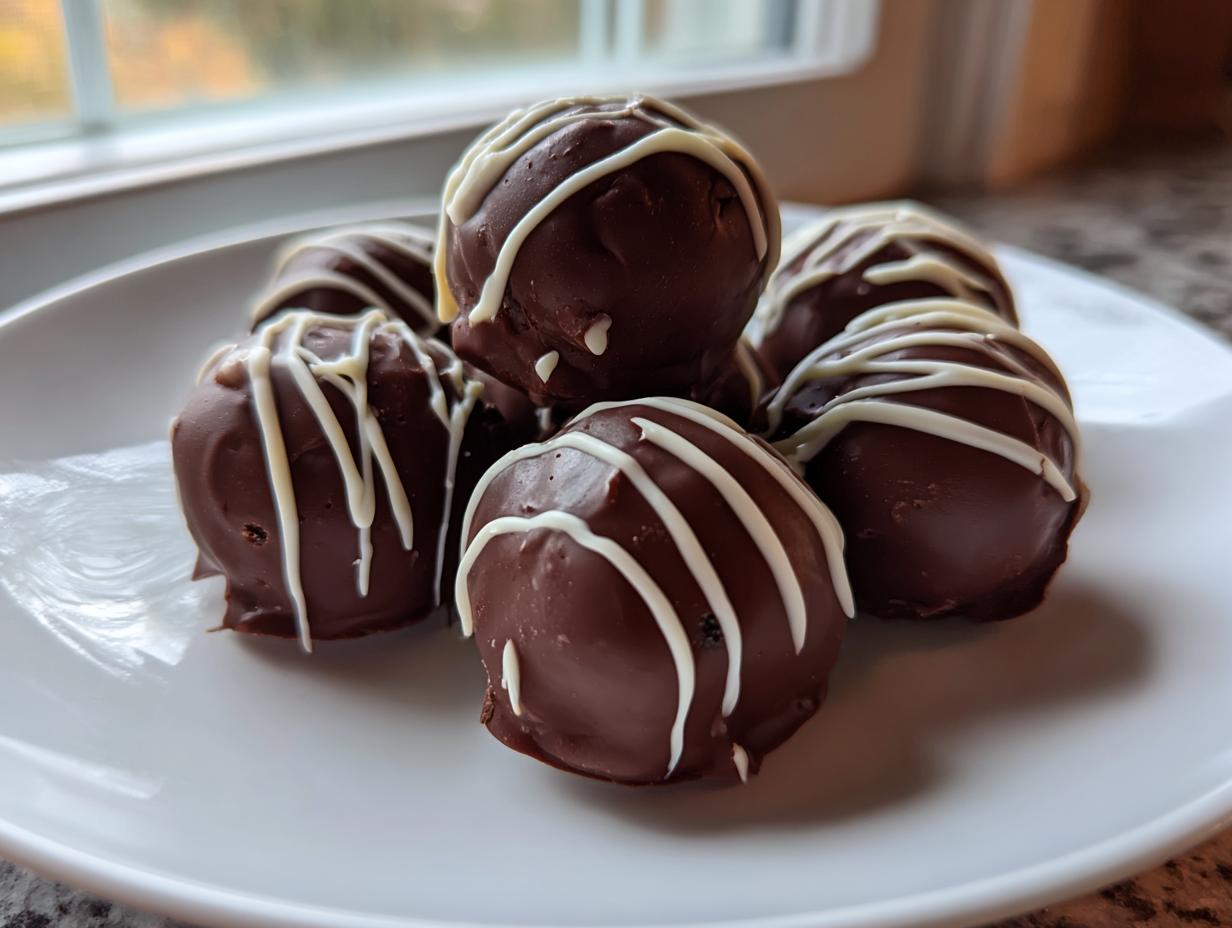 A small pile of rich, chocolate-covered oreo balls drizzled with white chocolate on a white plate.