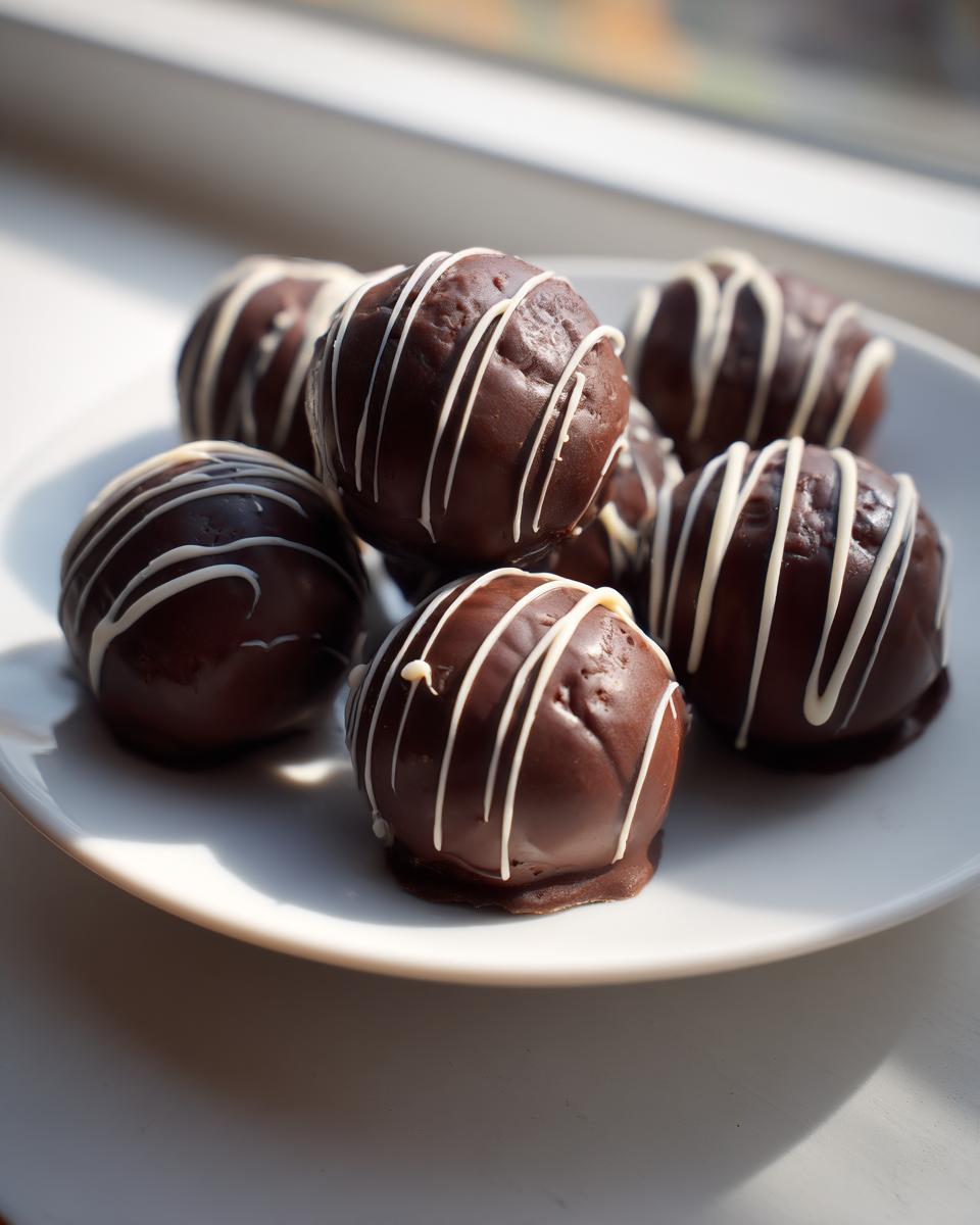 A pile of rich chocolate covered oreo balls drizzled with white chocolate on a white plate.