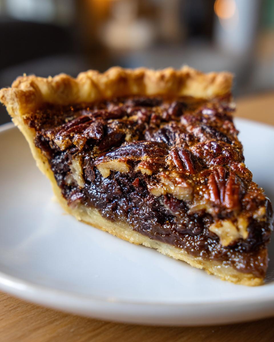 A close-up of a rich, dark slice of chocolate pecan pie showing the gooey filling and pecan topping.
