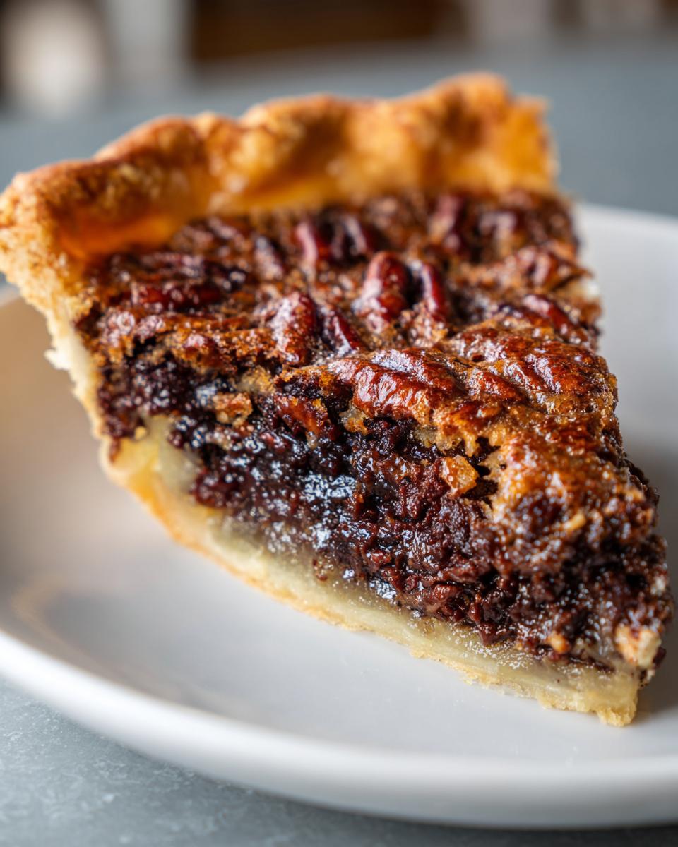 Close-up of a rich, gooey slice of chocolate pecan pie showing the flaky crust and glossy pecan topping.