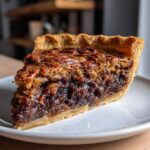 A close-up view of a rich, gooey slice of chocolate pecan pie on a white plate.