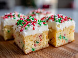 Close-up of rich, square Christmas sugar cookie bars topped with white frosting and festive red, green, and white sprinkles.