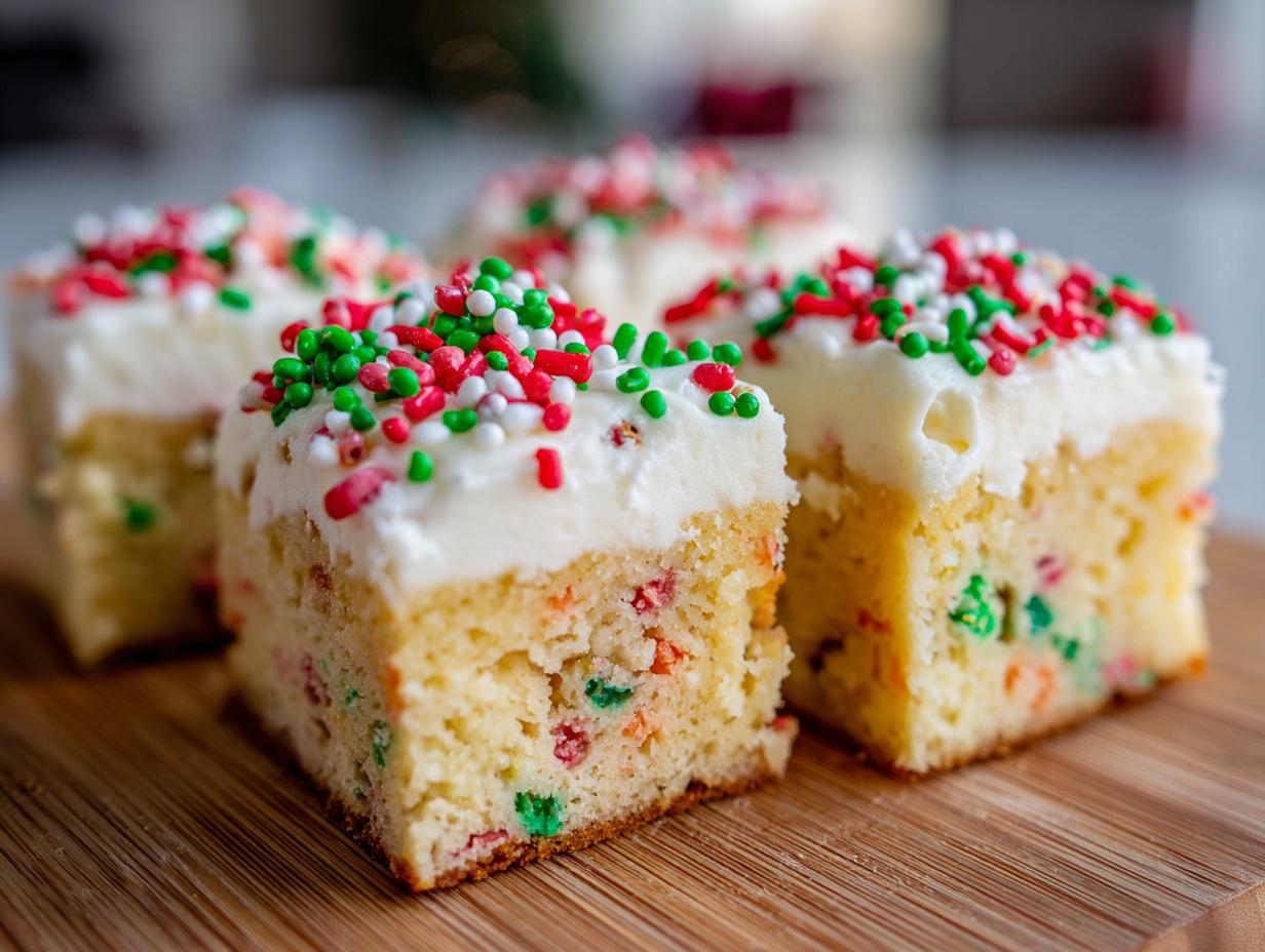 Close-up of rich, square Christmas sugar cookie bars topped with white frosting and festive red, green, and white sprinkles.