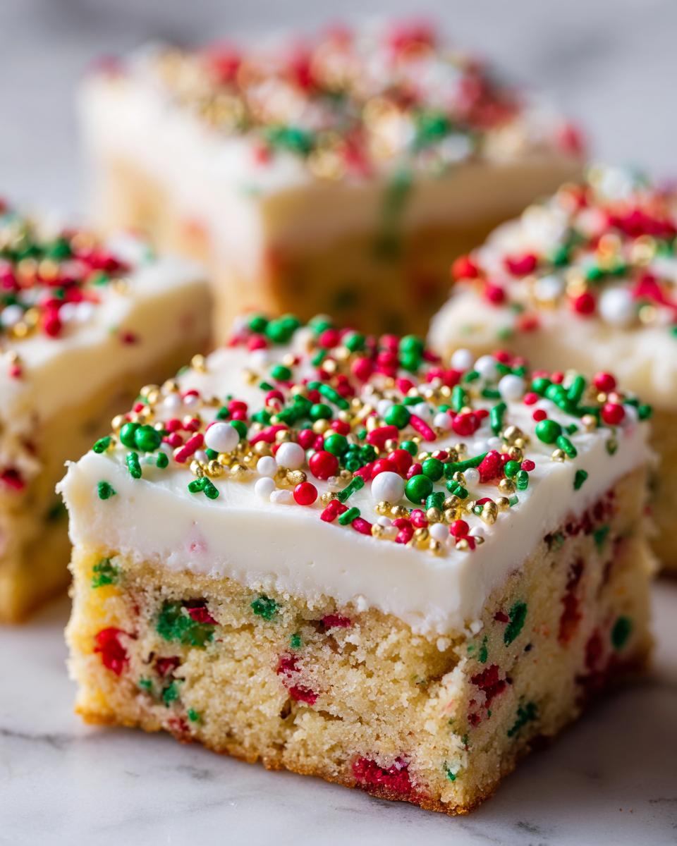 A close-up of a square slice of christmas sugar cookie bars topped with white frosting and festive red, green, and gold sprinkles.