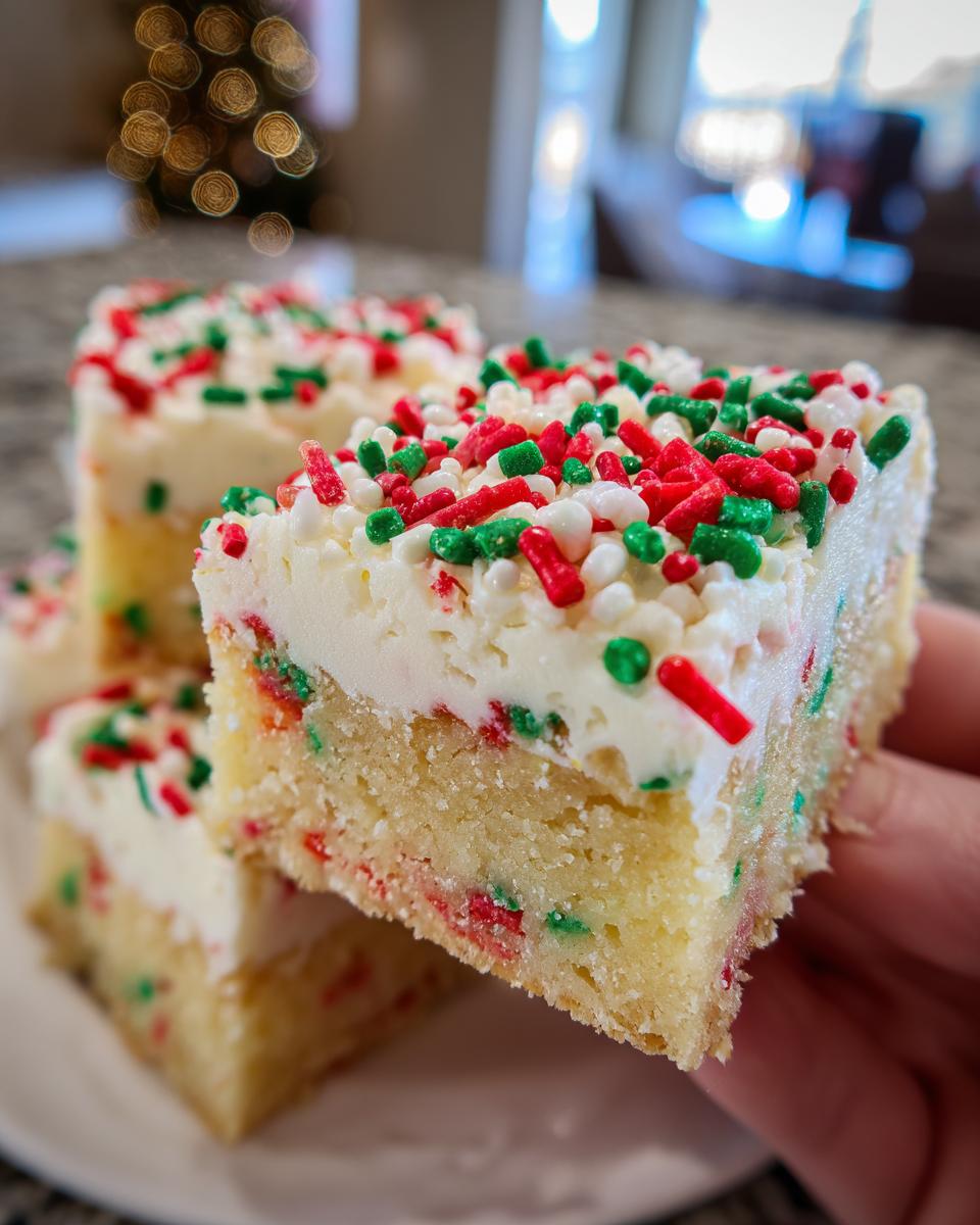A hand holds up a thick square of christmas sugar cookie bars topped with white frosting and red, green, and white sprinkles.