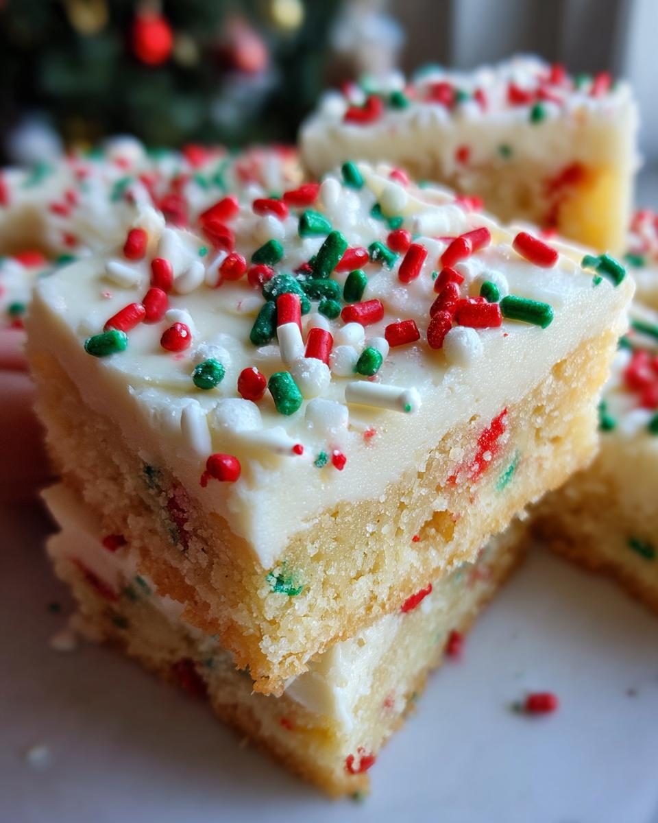Two stacked christmas sugar cookie bars topped with thick white frosting and red and green sprinkles.