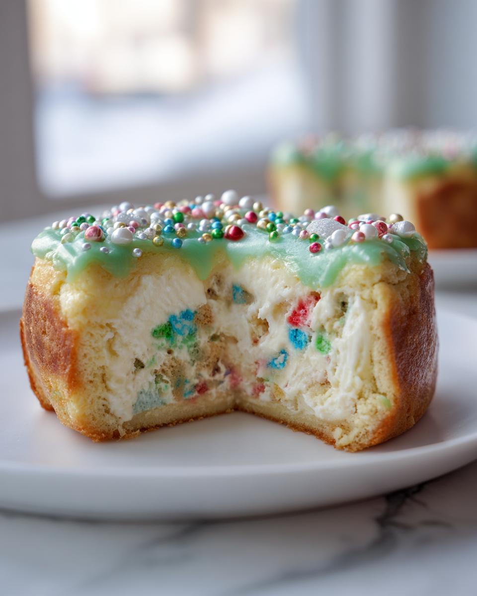 A slice of Christmas tree cheesecake showing a creamy interior with colorful cake bits, topped with mint green frosting and festive sprinkles.