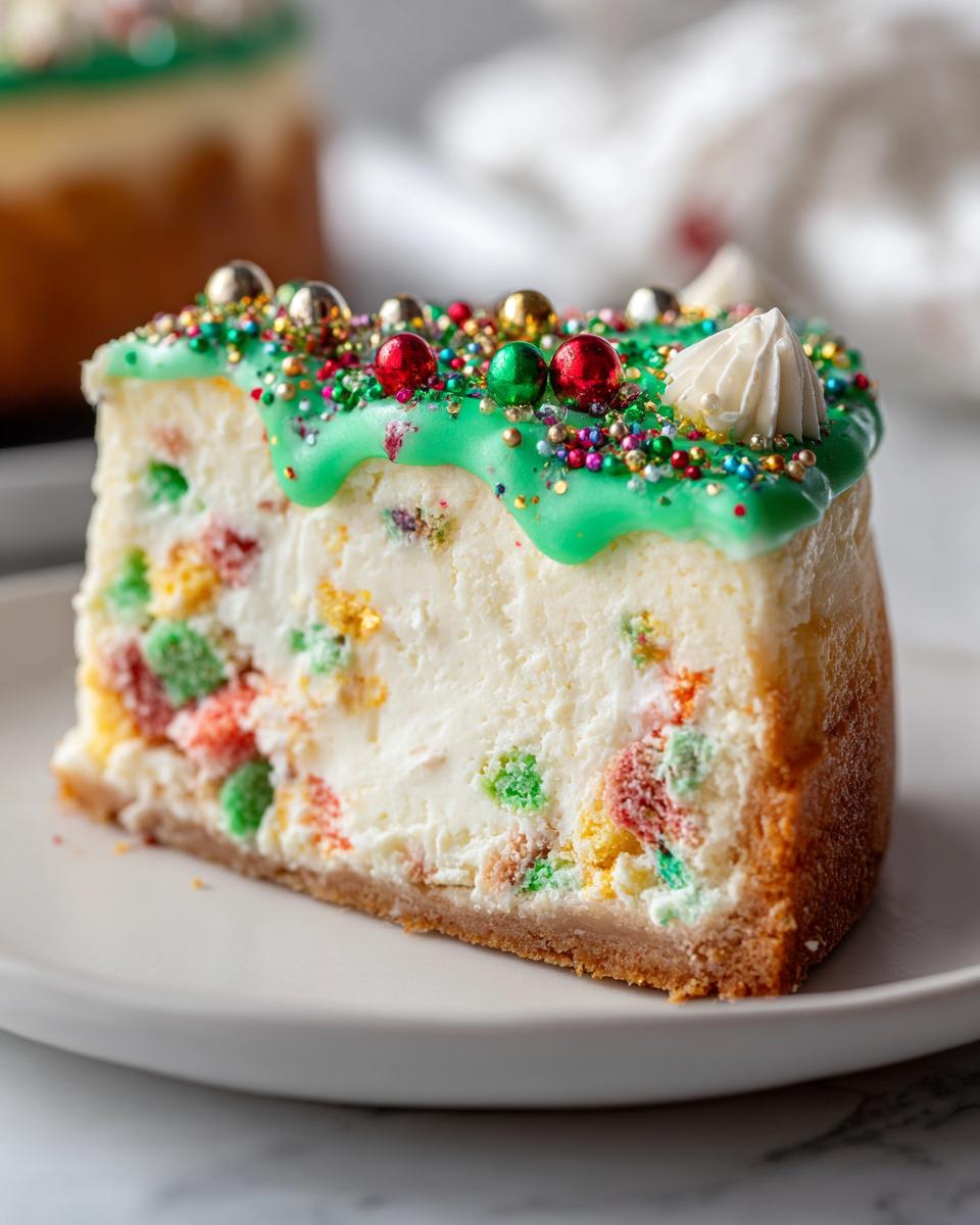 A slice of Christmas tree cheesecake featuring colorful cake pieces mixed in, topped with bright green glaze and festive sprinkles.