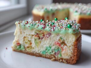 Close-up of a slice of Christmas tree cheesecake featuring colorful cake pieces inside and green frosting with festive sprinkles on top.